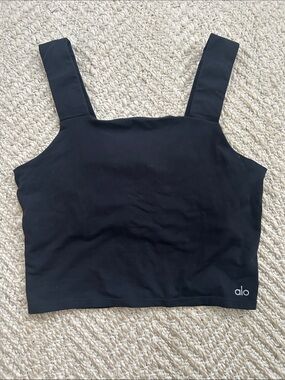 ALO Yoga Black Square Neck Crop Tank with Wide Straps and shelf bra